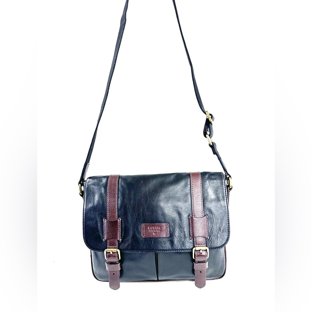 Fossil Black Brown Leather Medium Messenger Bag Brass Buckles Unisex Crossbody